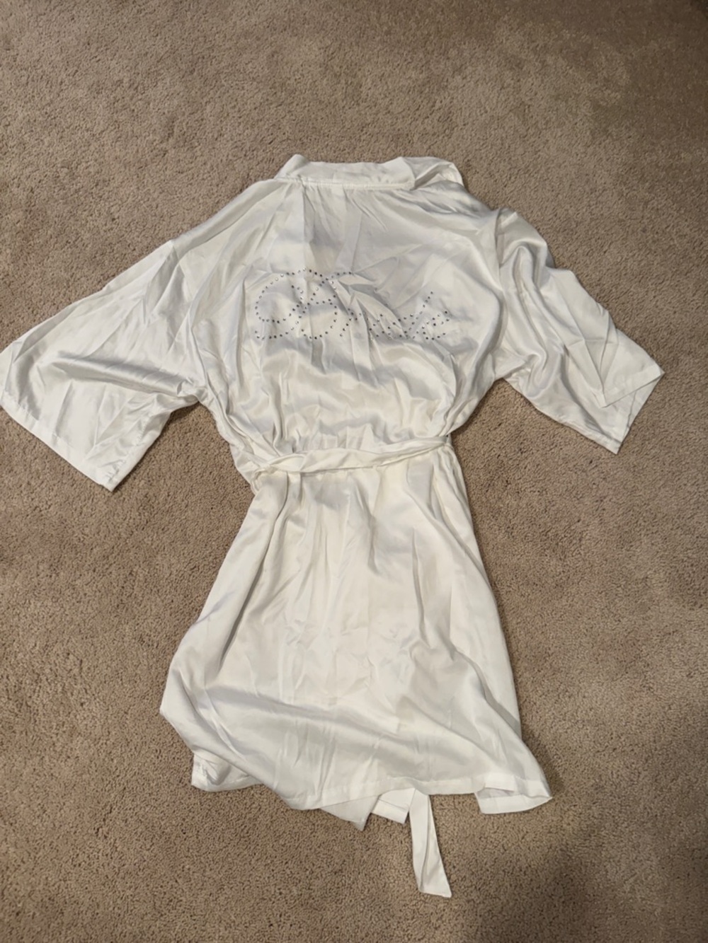 Satin Bridal Robe with Rhinestone Back - White